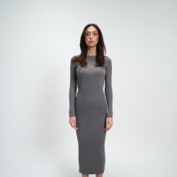 Gri Triko Kayık Yaka Biyeli Elbise Gri Triko Kayık Yaka Biyeli Elbise
