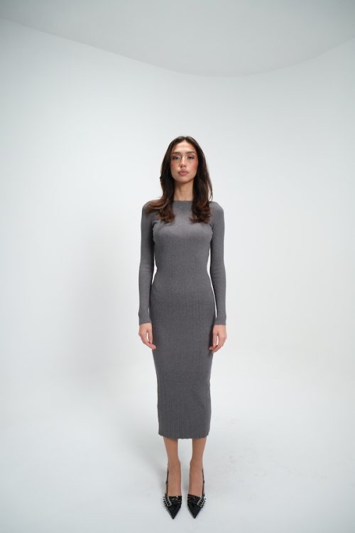 Gri Triko Kayık Yaka Biyeli Elbise
