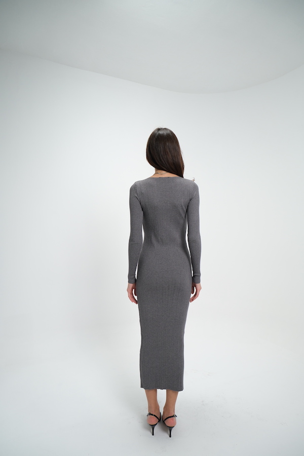 Gri Triko Kayık Yaka Biyeli Elbise Gri Triko Kayık Yaka Biyeli Elbise 4