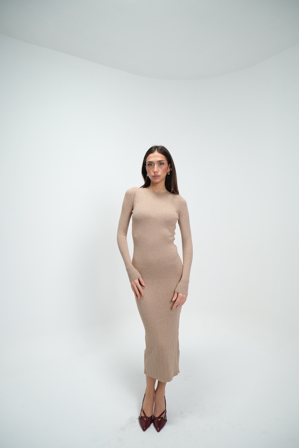 Camel Triko Kayık Yaka Biyeli Elbise Camel Triko Kayık Yaka Biyeli Elbise 2