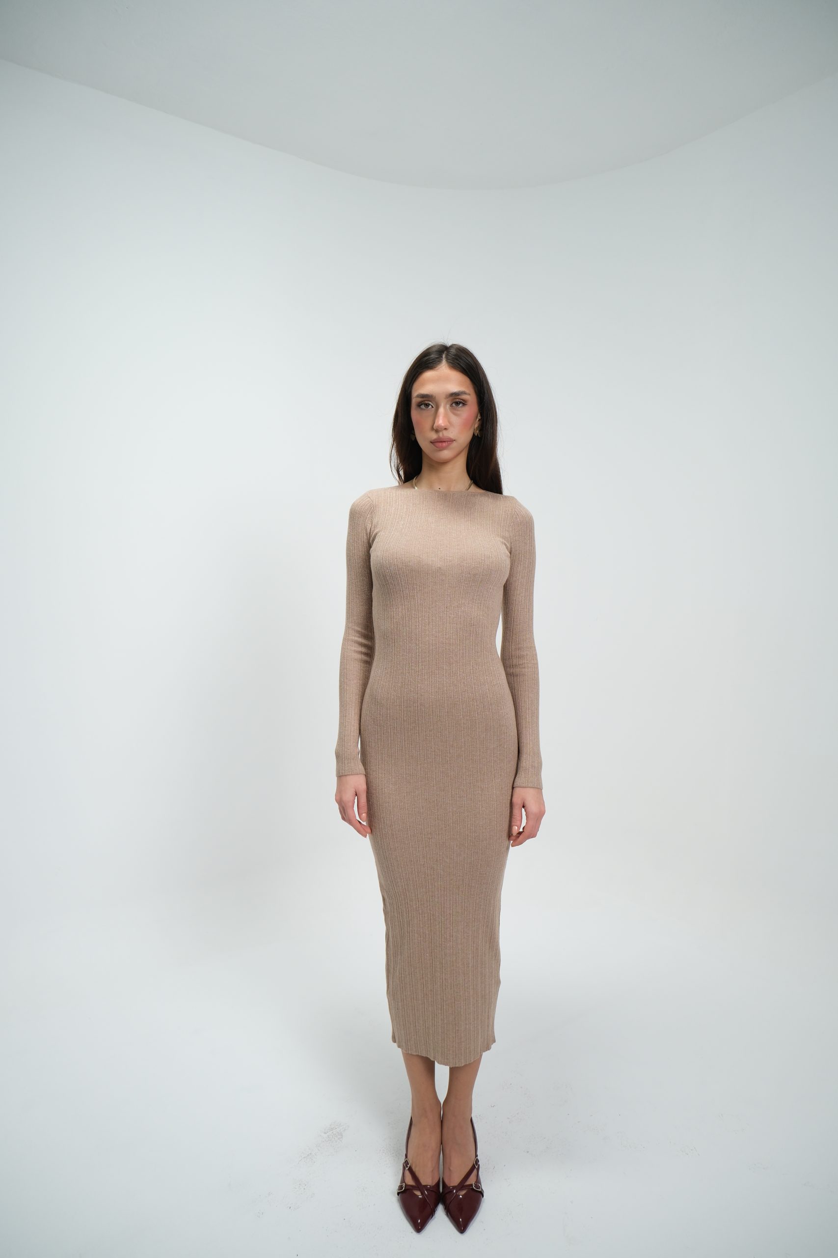 Camel Triko Kayık Yaka Biyeli Elbise Camel Triko Kayık Yaka Biyeli Elbise 6