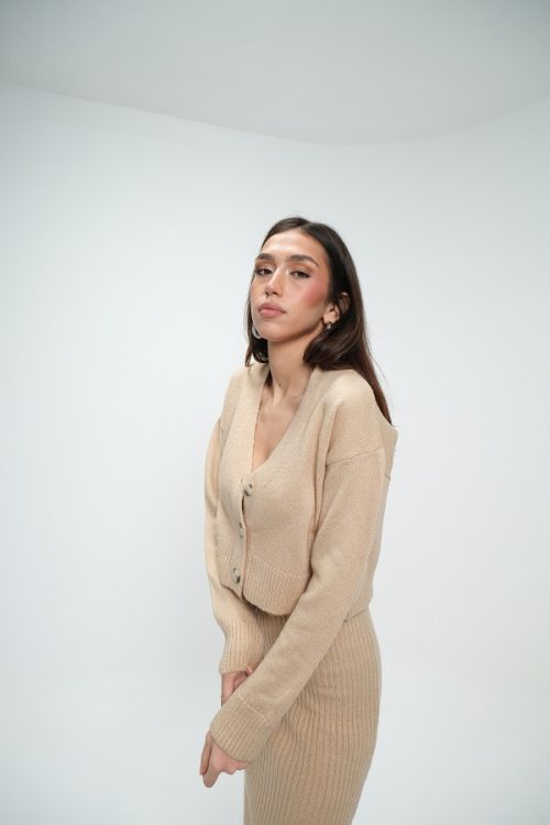 Bej Fitilli Elbise Hırkalı Takım