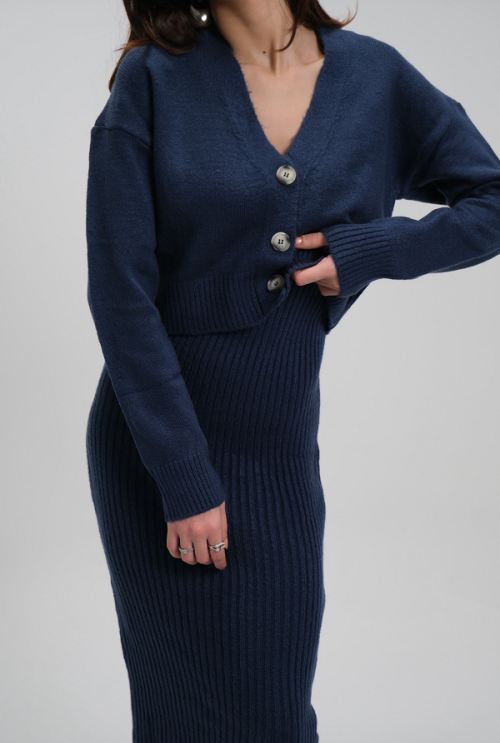 Fitilli Elbise Hırkalı Takım (İndigo Mavi)